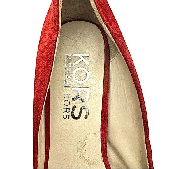 Michael Kors Red Suede 5” Platform Animal Print Soled Heels Size 8 Medium - Picture 8 of 11